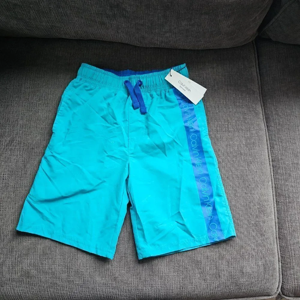 Calvin Klein Big Boys Caspian Blue Logo Stripe Swimwear Board Shorts Size 8